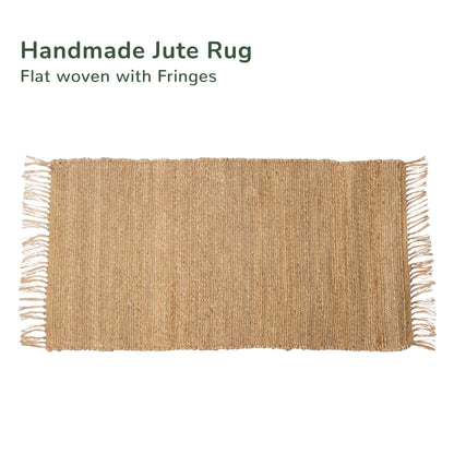 Flat woven jute rug with fringes, GSM- 1850. Natural Jute 2 X 4