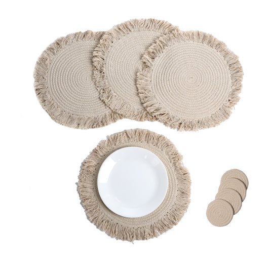 Ivory Braided Solid Placemat with fringes set of 4 (13" + with 2" fringes) +4 Coasters (4")- Recycle Cotton