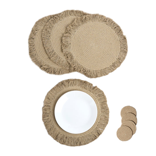 Beige Braided Solid Placemat with fringes set of 4 (13" + with 2" fringes) +4 Coasters (4")- Recycle Cotton