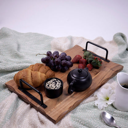 Wooden Serving Tray with metal handle, swirl pattern, Acacia, Natural