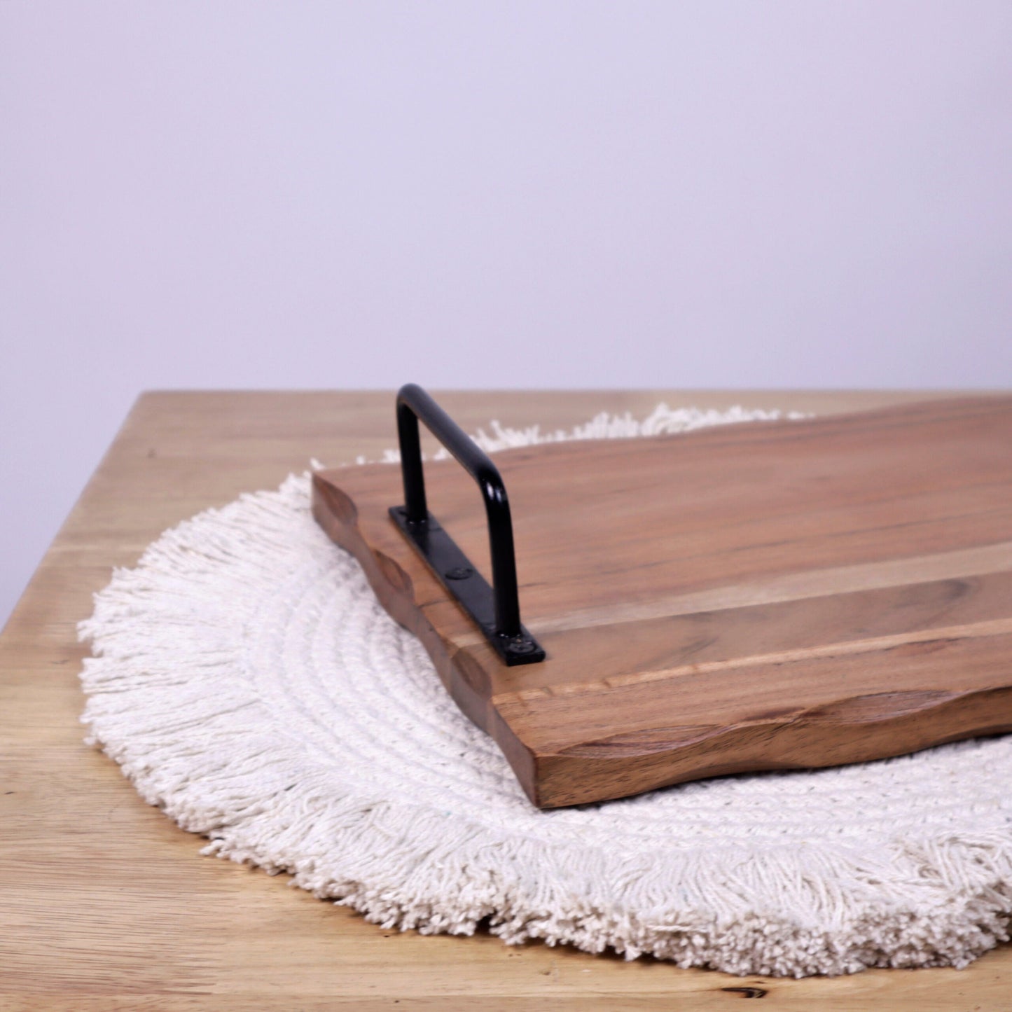 Wooden Serving Tray with metal handle, swirl pattern, Acacia, Natural