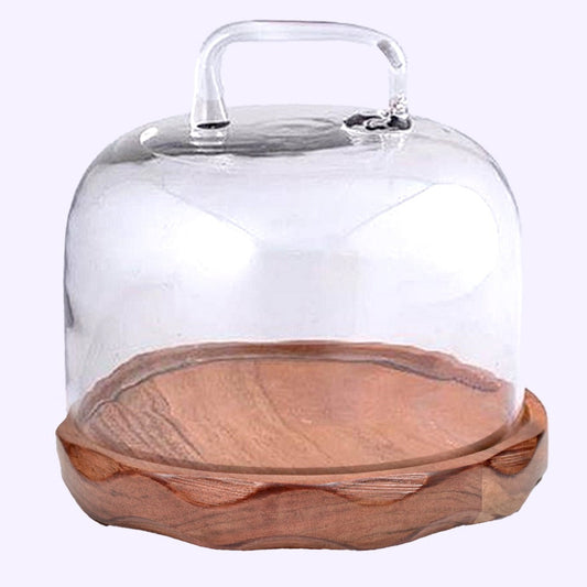 Wooden Cheese Dome Wood Peg Legs with glass Lid, 8.5"" round X 8.5, swirl pattern, Acacia, Natural