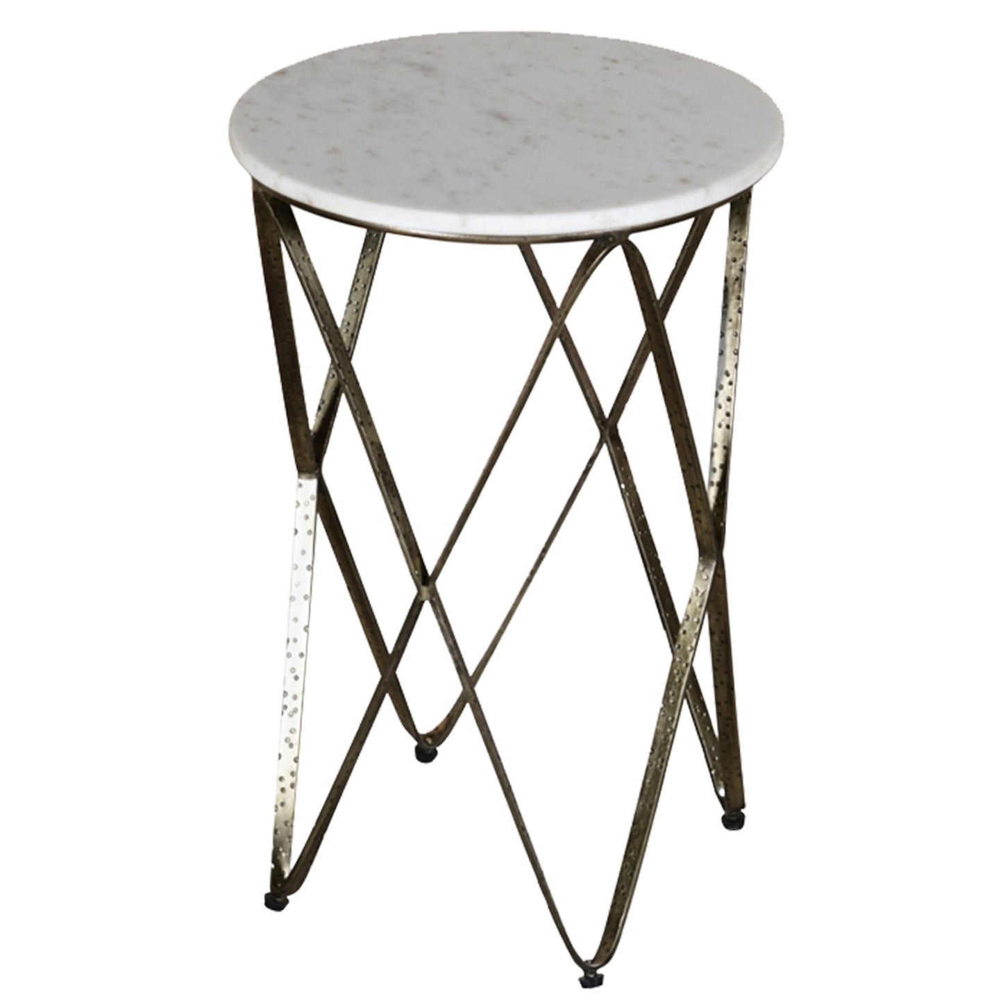 White marble with black metal stand, 16" Round x22"H, V Pattern Leg