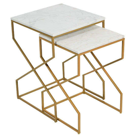 White marble nesting table (set of 2) with golden metal Cross Leg Design stand, 18" x 18" x 22"  &  16" x 16" x 19"