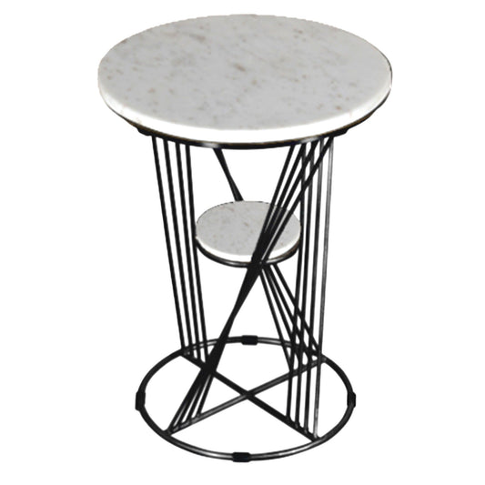 White marble 2 tier accent table with black metal stand, Art Deco Pattern Stand, 16" Round x 22"H