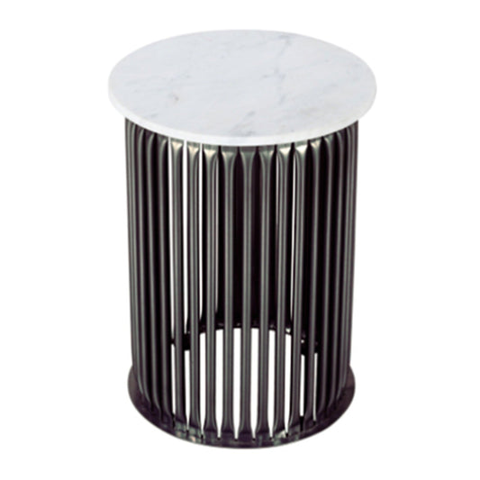 White marble accent table with black bar metal stand (Cage Design Stand), 16" Round x 22"H