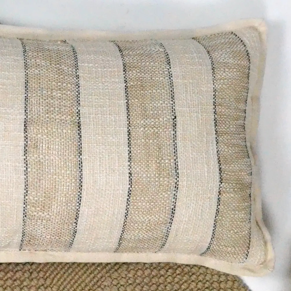 Handloom Broad Stripes Pillow Cotton & Jute Cover 18"x18", White & Natural