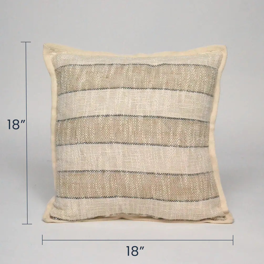 Handloom Broad Stripes Pillow Cotton & Jute Cover 18"x18", White & Natural