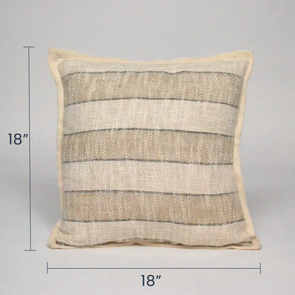 Handloom Broad Stripes Pillow Cotton & Jute Cover 18"x18", White & Natural