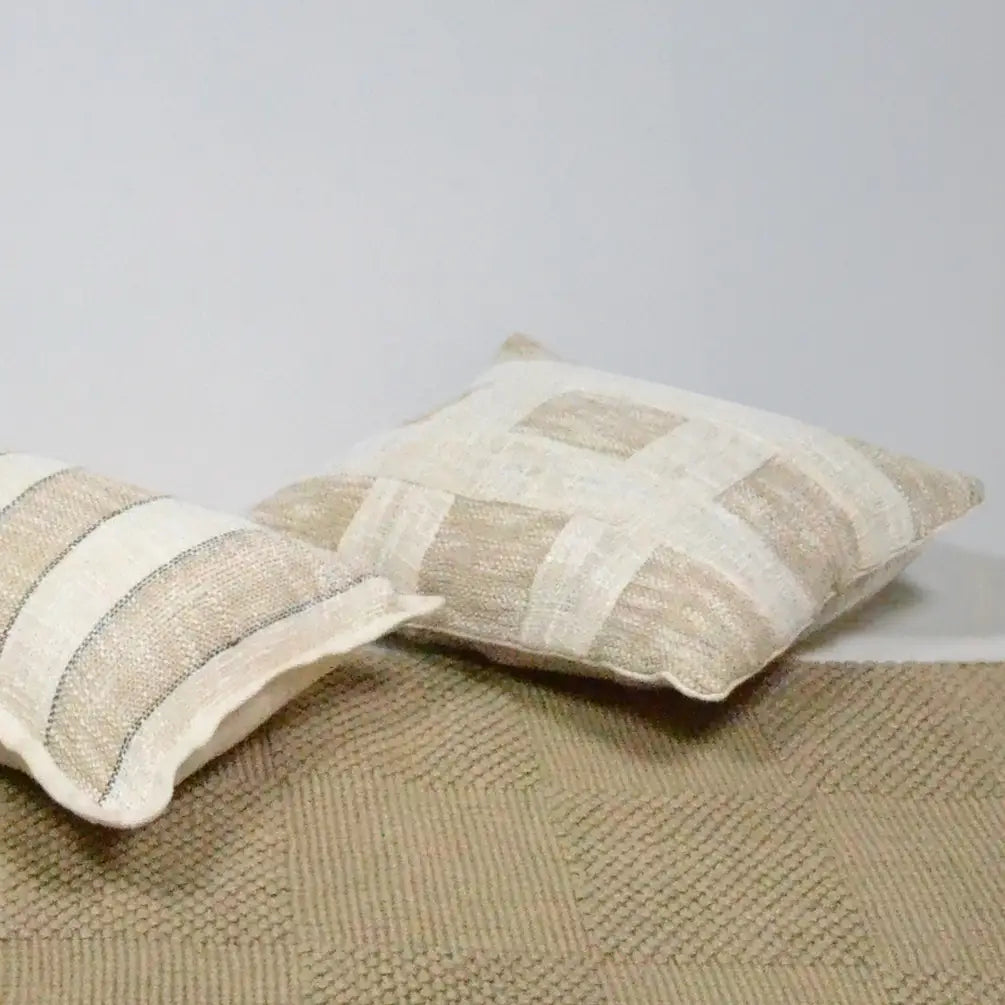 Handloom Broad Checks Cotton & Jute Pillow Cover, 18"x18",White & Natural